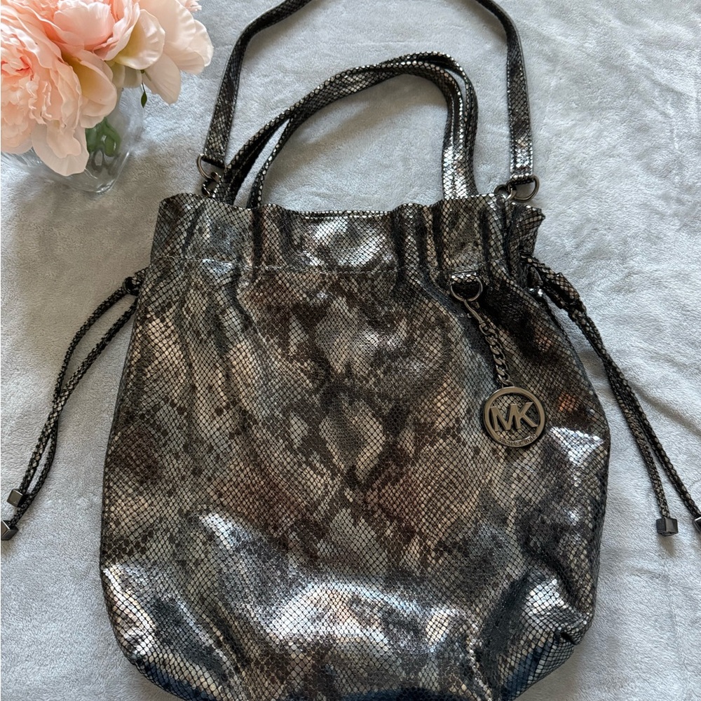 Michael Kors Metallic Tote Bag with Drawstring Closure and Sturdy Handles